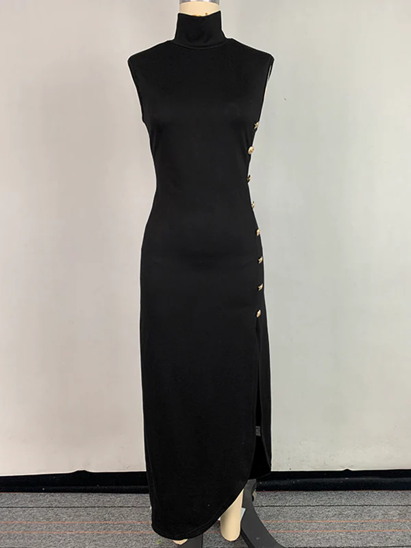 Bodycon Sleeveless Buttoned Solid Color Split-Side High Neck Maxi Dresses - Image 3