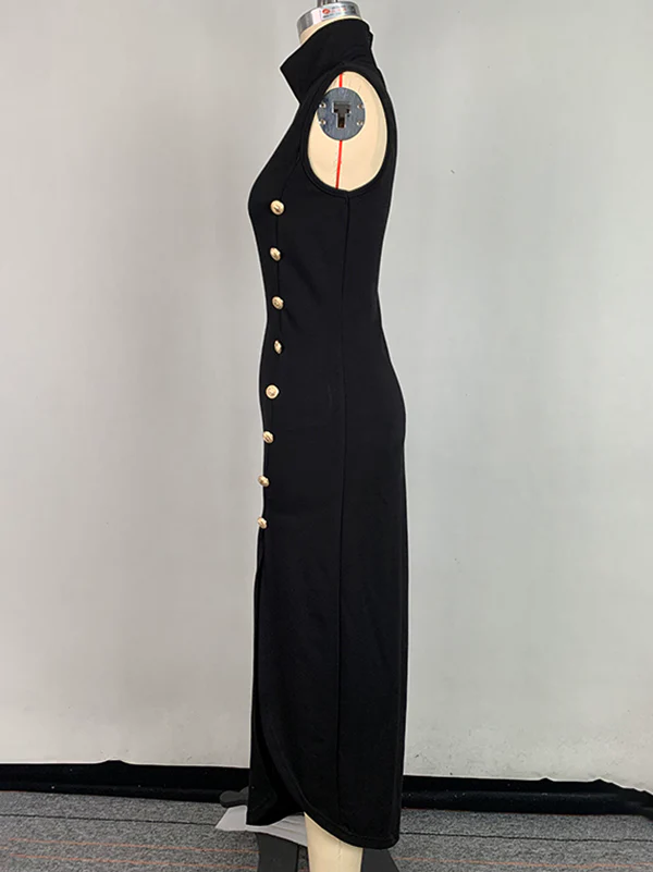 Bodycon Sleeveless Buttoned Solid Color Split-Side High Neck Maxi Dresses - Image 4