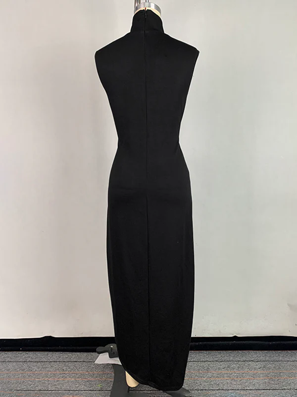 Bodycon Sleeveless Buttoned Solid Color Split-Side High Neck Maxi Dresses - Image 5