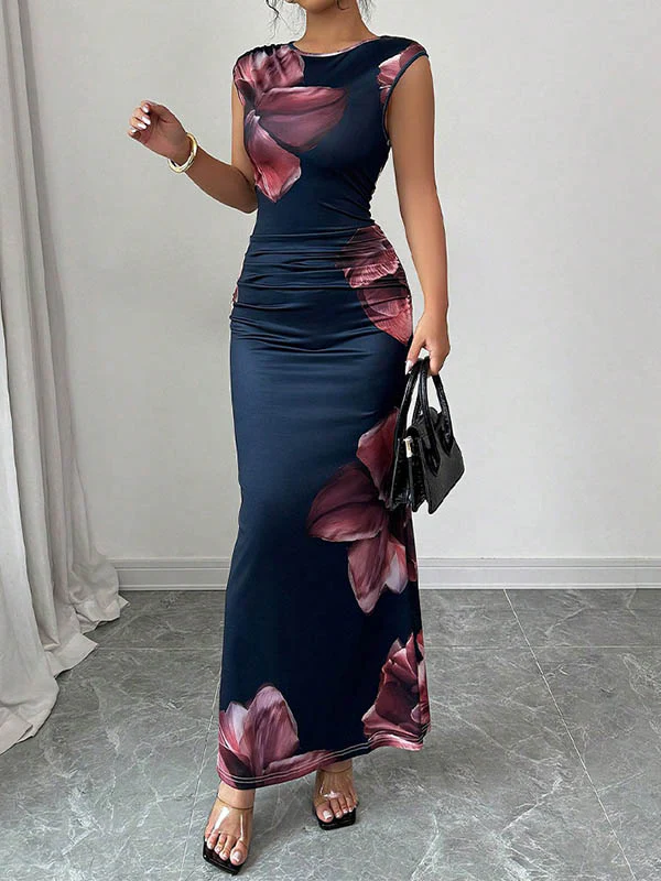Bodycon Sleeveless Contrast Color Flower Print Round-Neck Maxi Dresses - Image 3