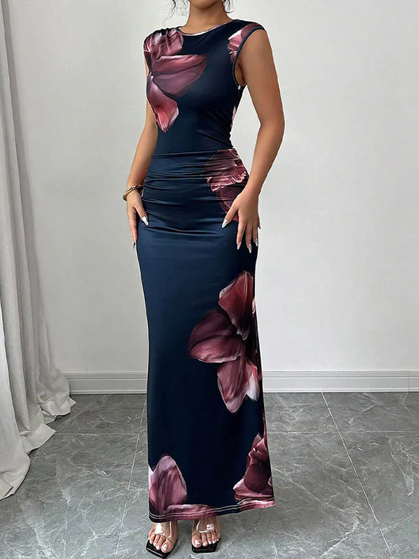 Bodycon Sleeveless Contrast Color Flower Print Round-Neck Maxi Dresses - Image 4
