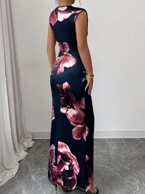 Bodycon Sleeveless Contrast Color Flower Print Round-Neck Maxi Dresses - Image 5