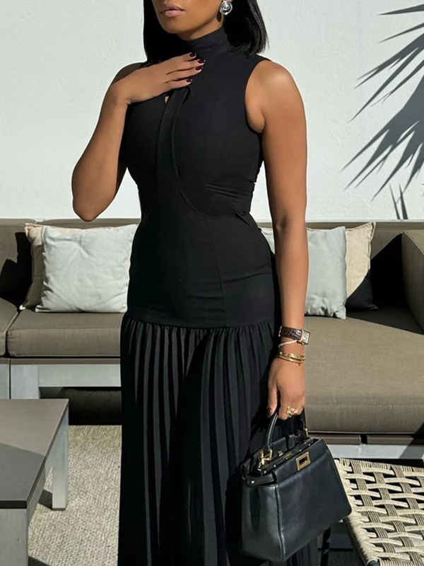 Bodycon Sleeveless Hollow Pleated Solid Color Split-Joint Mock Neck Maxi Dresses - Image 5