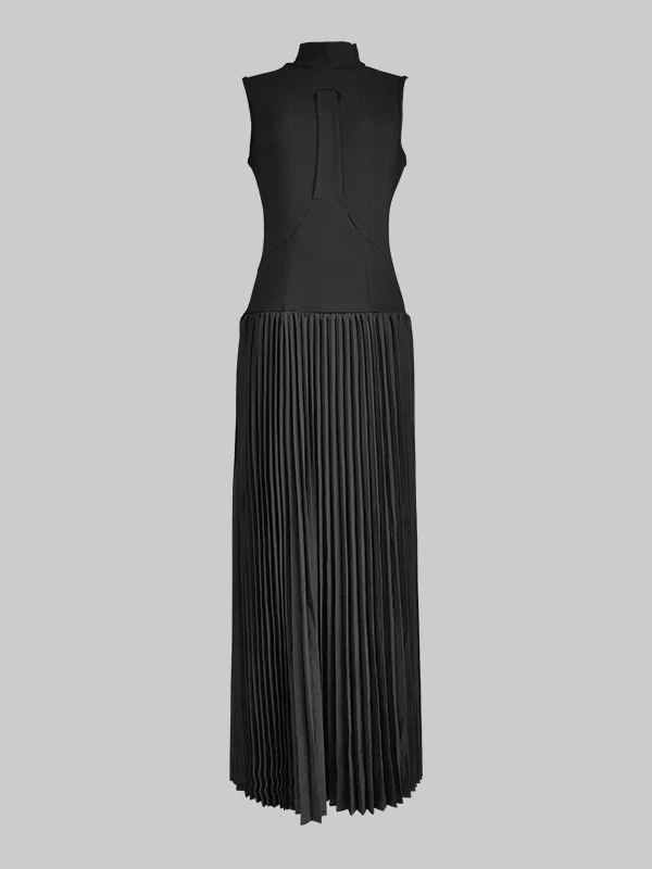 Bodycon Sleeveless Hollow Pleated Solid Color Split-Joint Mock Neck Maxi Dresses - Image 6