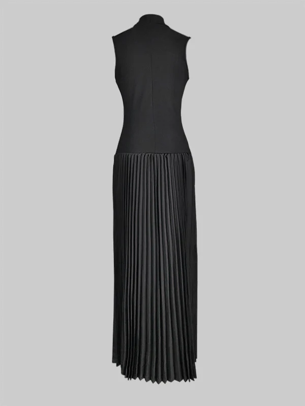 Bodycon Sleeveless Hollow Pleated Solid Color Split-Joint Mock Neck Maxi Dresses - Image 7