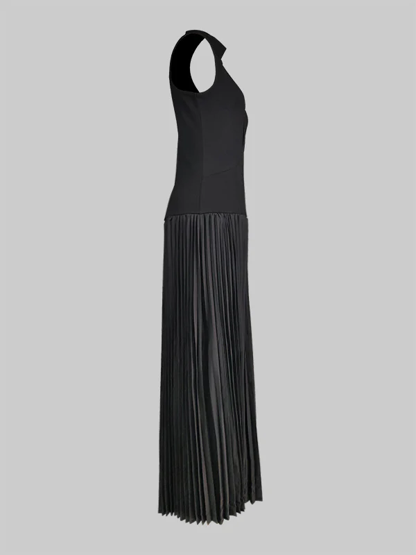 Bodycon Sleeveless Hollow Pleated Solid Color Split-Joint Mock Neck Maxi Dresses - Image 8