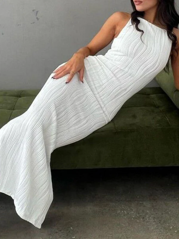 Bodycon Sleeveless Pleated Solid Color Split-Back Split-Joint Zipper Spaghetti-Neck Maxi Dresses - Image 10
