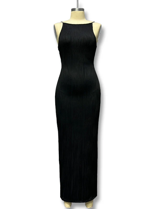 Bodycon Sleeveless Pleated Solid Color Split-Back Split-Joint Zipper Spaghetti-Neck Maxi Dresses - Image 11