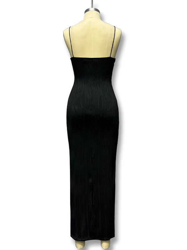 Bodycon Sleeveless Pleated Solid Color Split-Back Split-Joint Zipper Spaghetti-Neck Maxi Dresses - Image 12