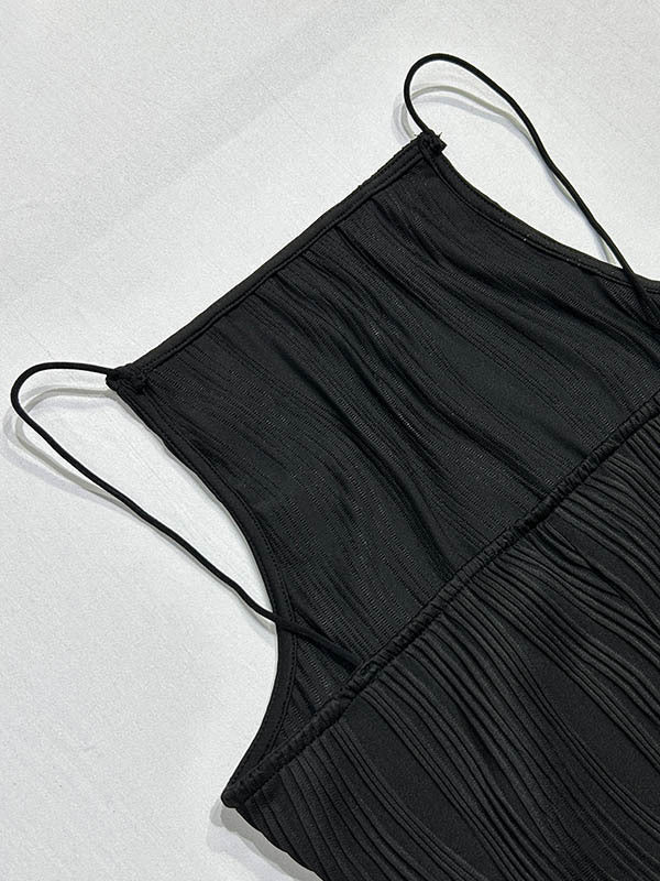 Bodycon Sleeveless Pleated Solid Color Split-Back Split-Joint Zipper Spaghetti-Neck Maxi Dresses - Image 14