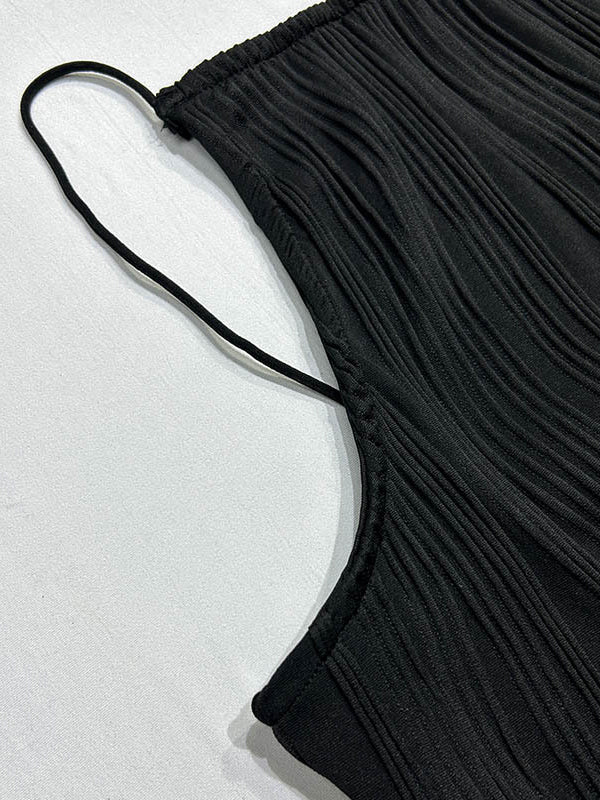 Bodycon Sleeveless Pleated Solid Color Split-Back Split-Joint Zipper Spaghetti-Neck Maxi Dresses - Image 15