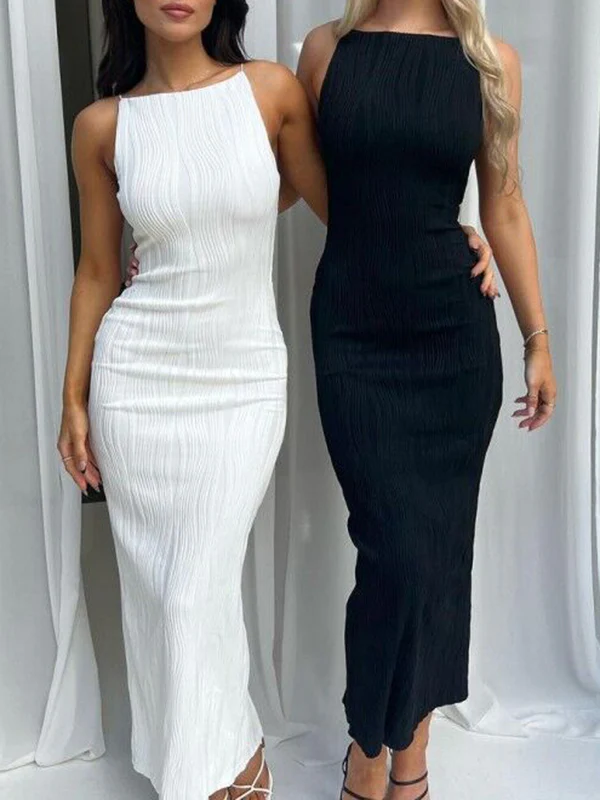 Bodycon Sleeveless Pleated Solid Color Split-Back Split-Joint Zipper Spaghetti-Neck Maxi Dresses - Image 7