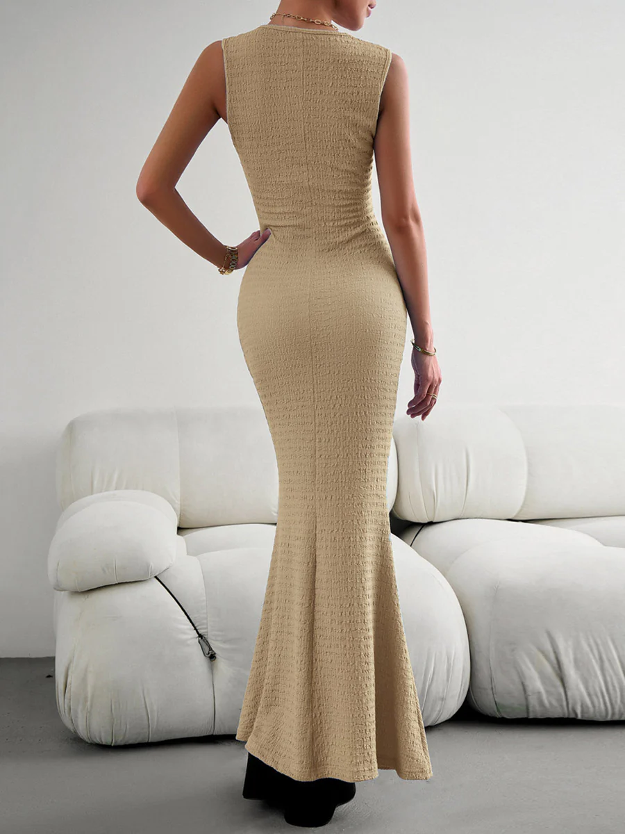 Bodycon Sleeveless Pleated Solid Color Split-Joint Split-Side Round-Neck Maxi Dresses - Image 8