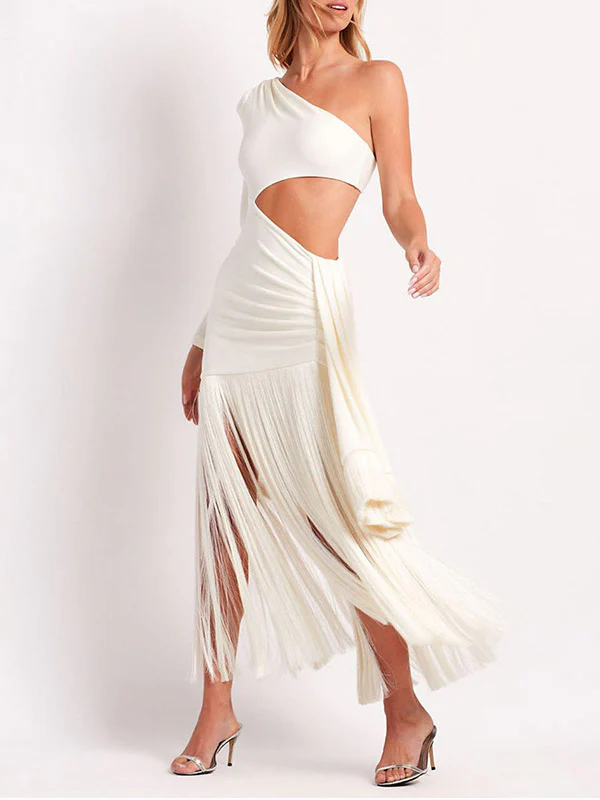 Bodycon Sleeveless Pleated Solid Color Tasseled One-Shoulder Maxi Dresses - Image 2