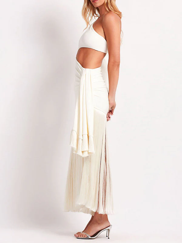 Bodycon Sleeveless Pleated Solid Color Tasseled One-Shoulder Maxi Dresses - Image 4