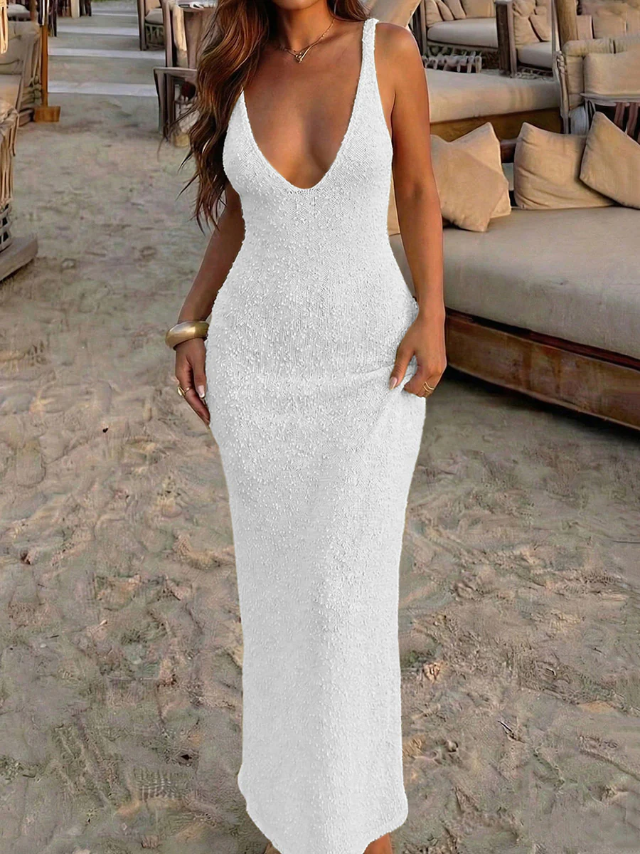 Bodycon Sleeveless See-Through Solid Color Halter-Neck Maxi Dresses - Image 5