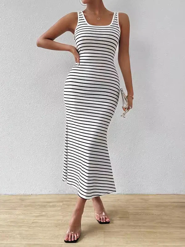 Bodycon Sleeveless Split-Joint Striped U-Neck Midi Dresses - Image 2