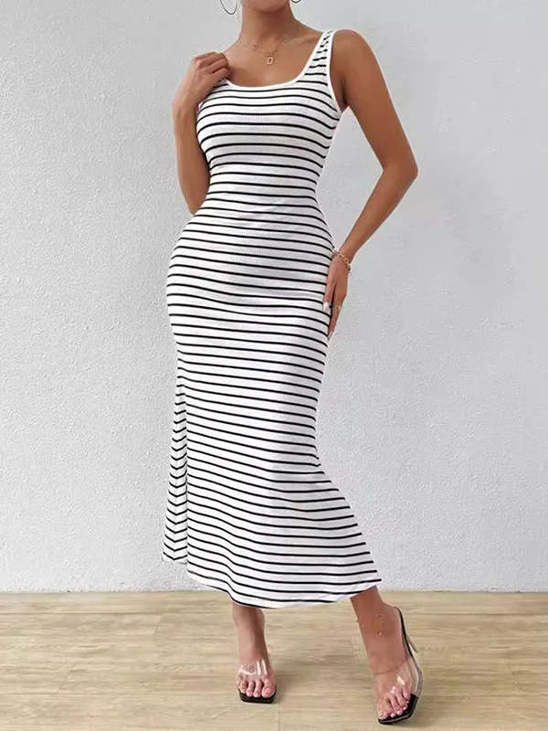 Bodycon Sleeveless Split-Joint Striped U-Neck Midi Dresses - Image 3