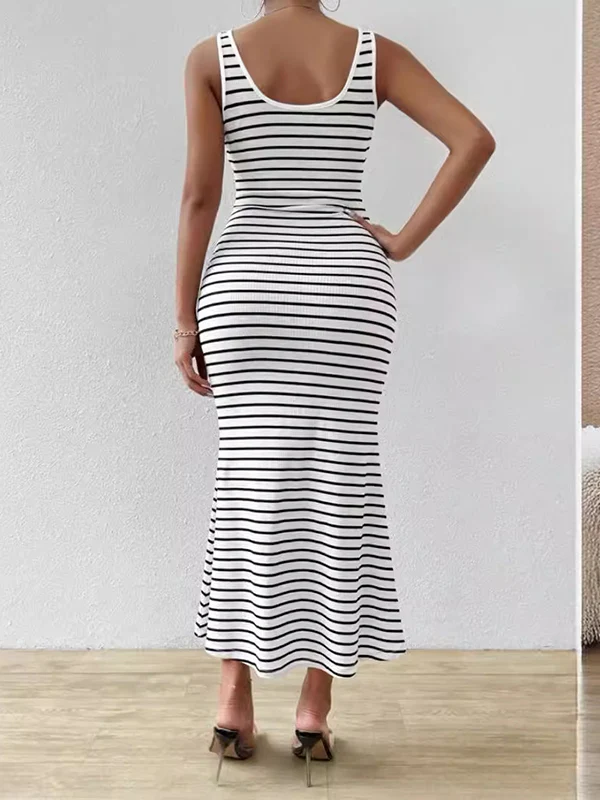 Bodycon Sleeveless Split-Joint Striped U-Neck Midi Dresses - Image 4
