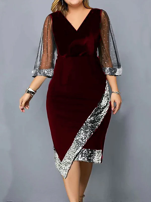 Bodycon Wrap Contrast Color Mesh Sequined Split-Joint V-Neck Midi Dresses - Image 2