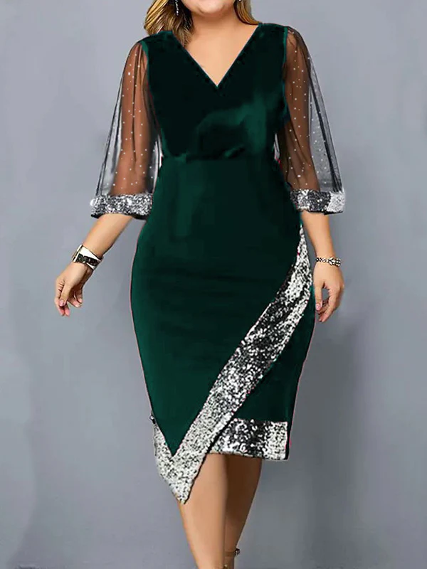 Bodycon Wrap Contrast Color Mesh Sequined Split-Joint V-Neck Midi Dresses - Image 3