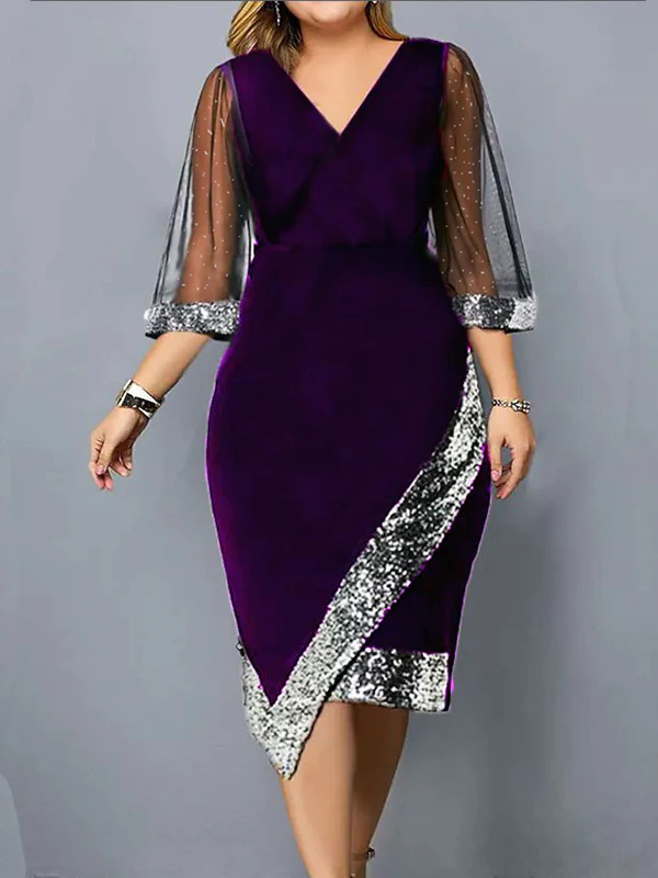 Bodycon Wrap Contrast Color Mesh Sequined Split-Joint V-Neck Midi Dresses - Image 4