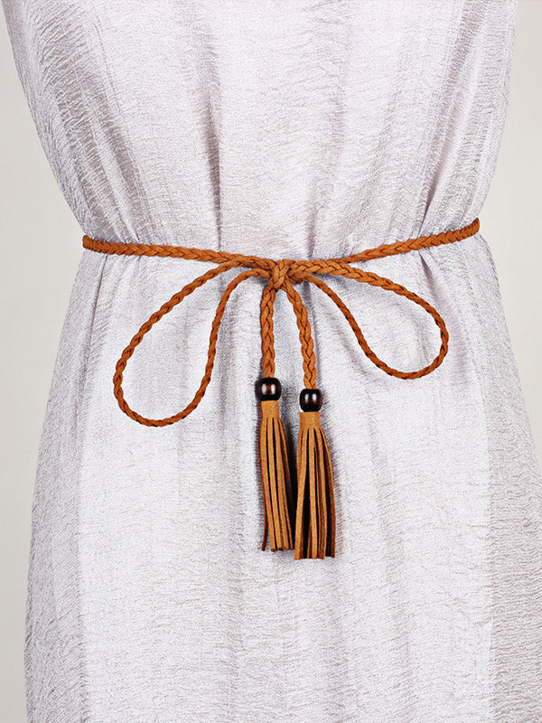 Bohemia Artificial Leather Weave Tasseled Solid Color Belt - Image 2