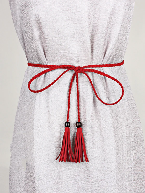 Bohemia Artificial Leather Weave Tasseled Solid Color Belt - Image 3