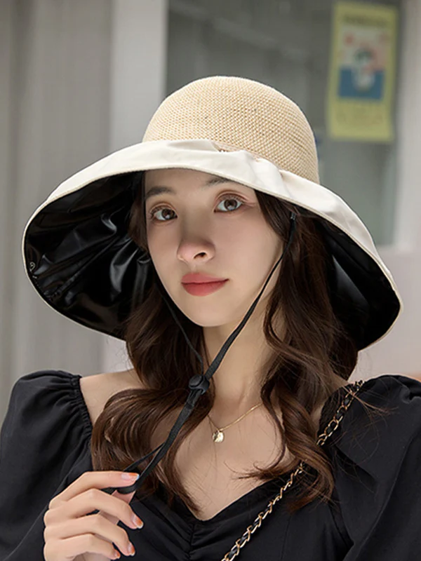 Bow-Embellished Split-Joint Sun protection Fisherman Hat Sun Hat - Image 10