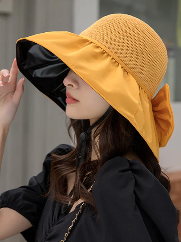 Bow-Embellished Split-Joint Sun protection Fisherman Hat Sun Hat - Image 3