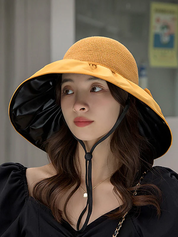 Bow-Embellished Split-Joint Sun protection Fisherman Hat Sun Hat - Image 7