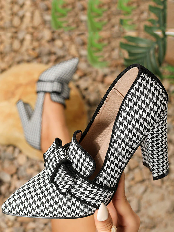 Bowknot Houndstooth Pointed-Toe Split-Joint Pumps - Image 2