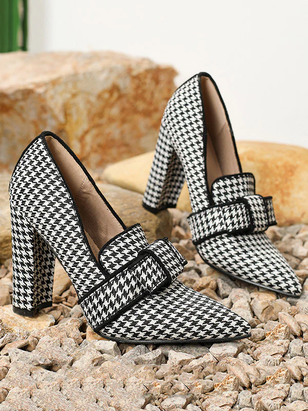 Bowknot Houndstooth Pointed-Toe Split-Joint Pumps - Image 4