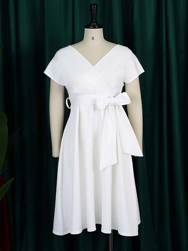 Bowknot Lace-Up Solid Color V-Neck Midi Dresses - Image 11