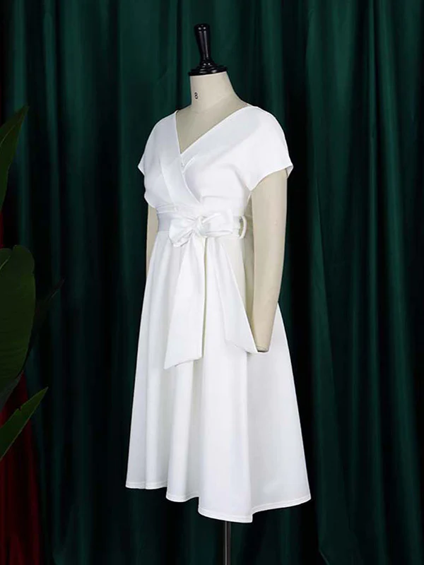 Bowknot Lace-Up Solid Color V-Neck Midi Dresses - Image 12