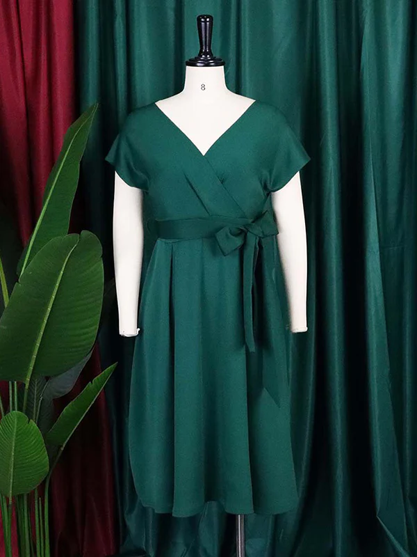Bowknot Lace-Up Solid Color V-Neck Midi Dresses - Image 14