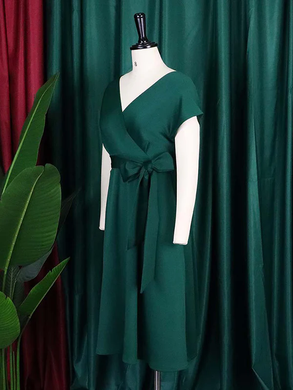 Bowknot Lace-Up Solid Color V-Neck Midi Dresses - Image 15