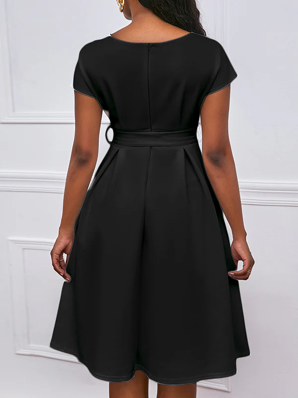 Bowknot Lace-Up Solid Color V-Neck Midi Dresses - Image 19