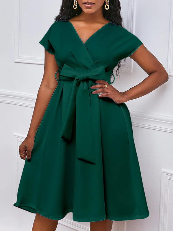 Bowknot Lace-Up Solid Color V-Neck Midi Dresses - Image 2
