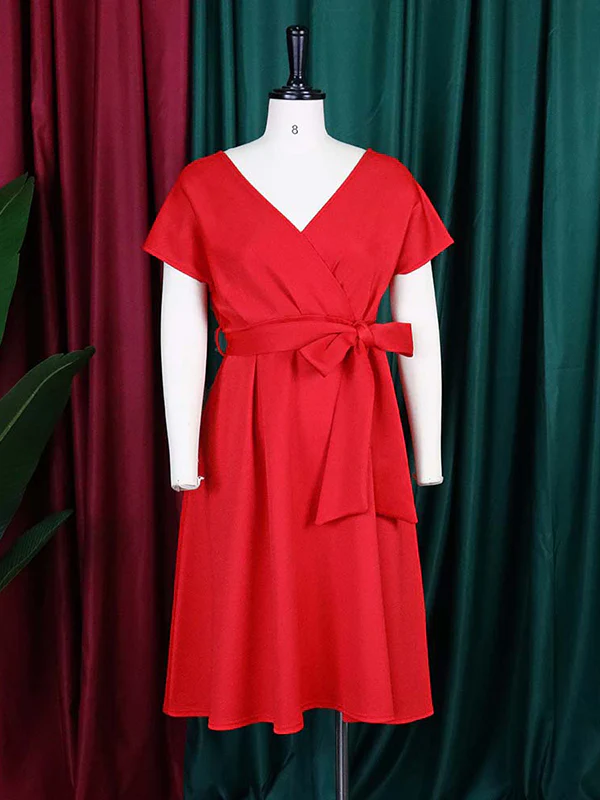 Bowknot Lace-Up Solid Color V-Neck Midi Dresses - Image 23