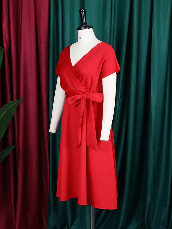 Bowknot Lace-Up Solid Color V-Neck Midi Dresses - Image 24