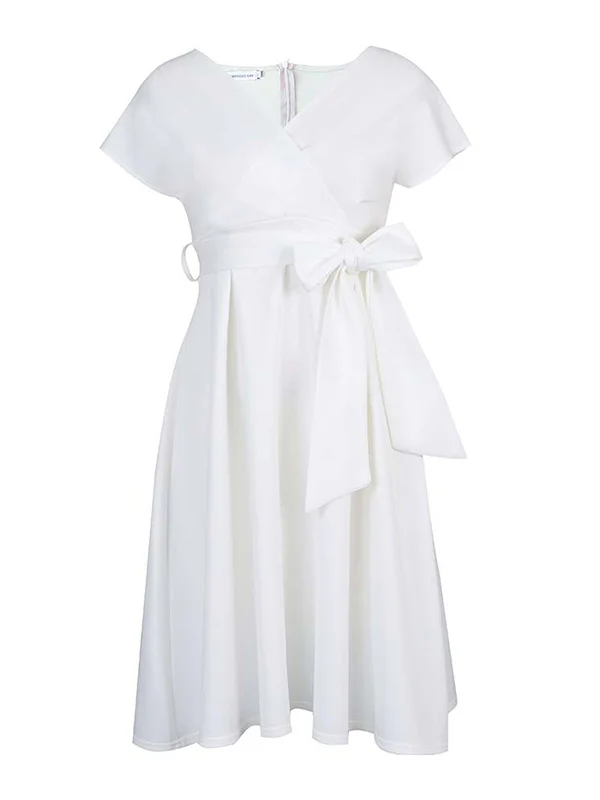 Bowknot Lace-Up Solid Color V-Neck Midi Dresses - Image 26
