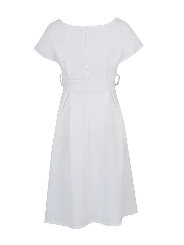 Bowknot Lace-Up Solid Color V-Neck Midi Dresses - Image 27