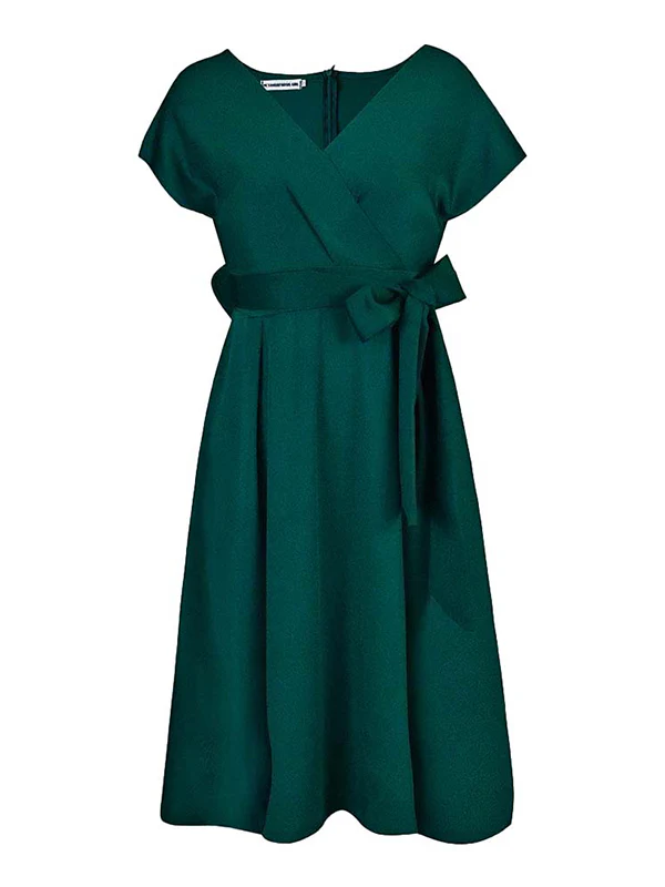Bowknot Lace-Up Solid Color V-Neck Midi Dresses - Image 28