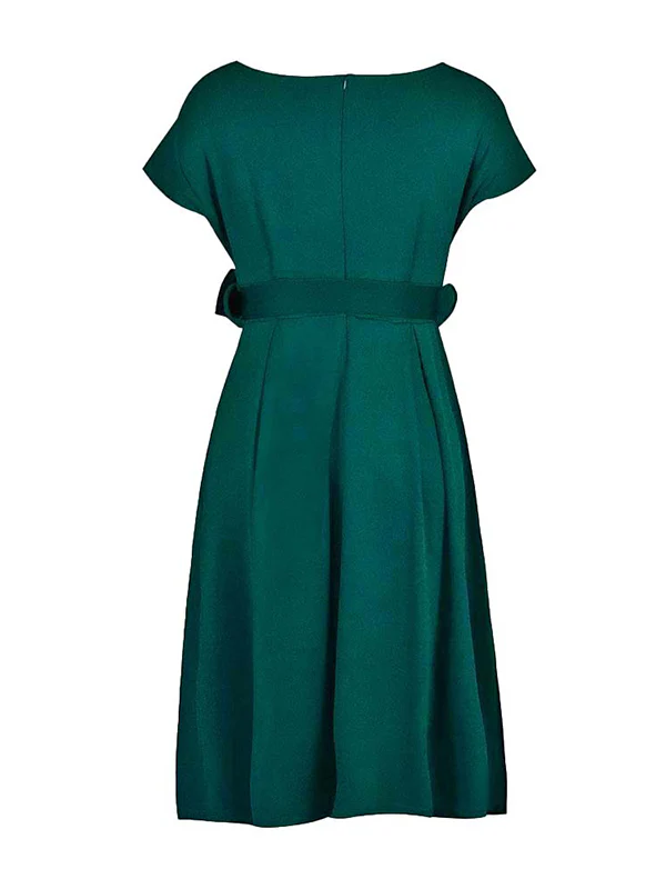 Bowknot Lace-Up Solid Color V-Neck Midi Dresses - Image 29
