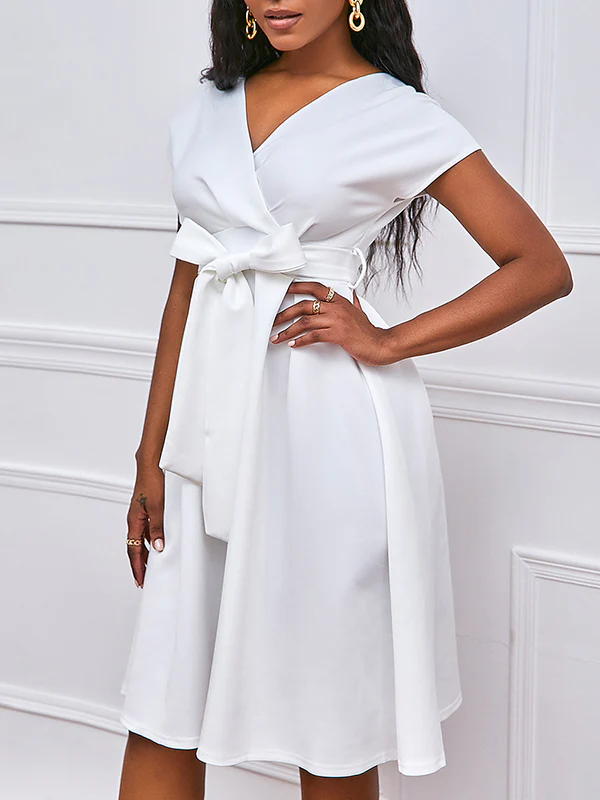 Bowknot Lace-Up Solid Color V-Neck Midi Dresses - Image 3