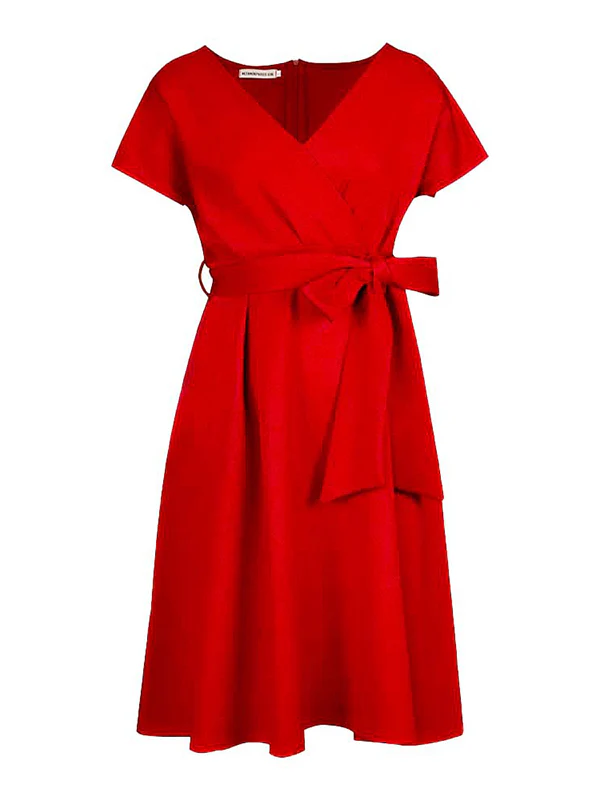 Bowknot Lace-Up Solid Color V-Neck Midi Dresses - Image 30
