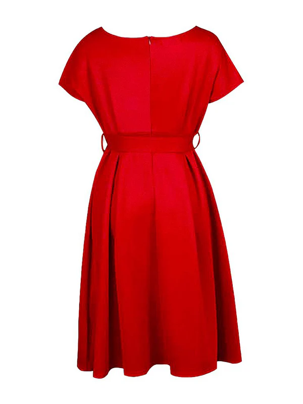Bowknot Lace-Up Solid Color V-Neck Midi Dresses - Image 31