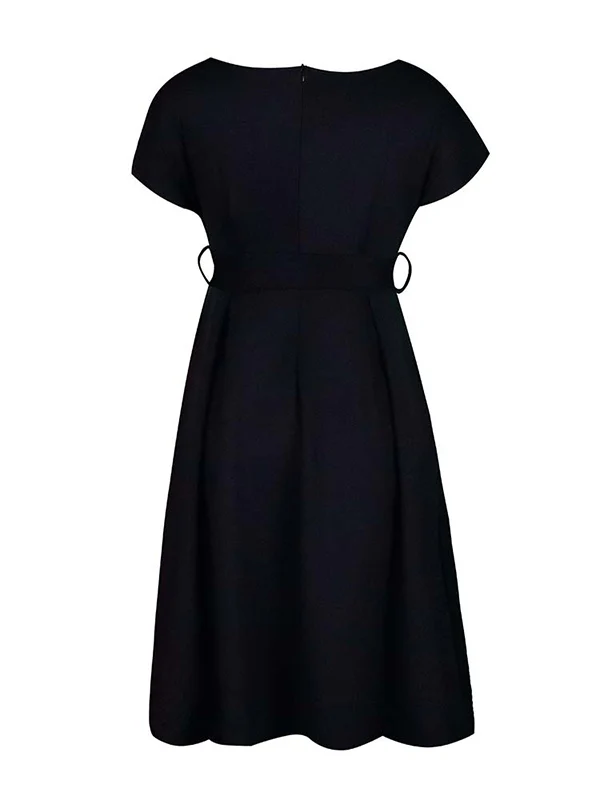 Bowknot Lace-Up Solid Color V-Neck Midi Dresses - Image 33