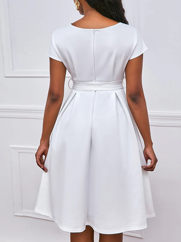 Bowknot Lace-Up Solid Color V-Neck Midi Dresses - Image 4